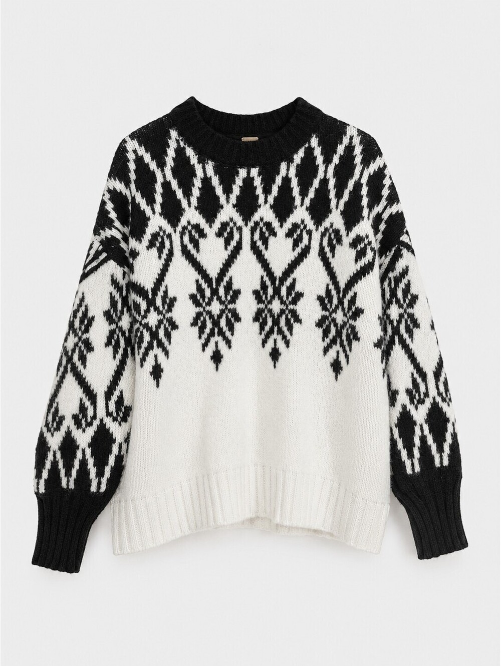 Free People Fair Isle Nordic Oversized Sweater Black White Size S